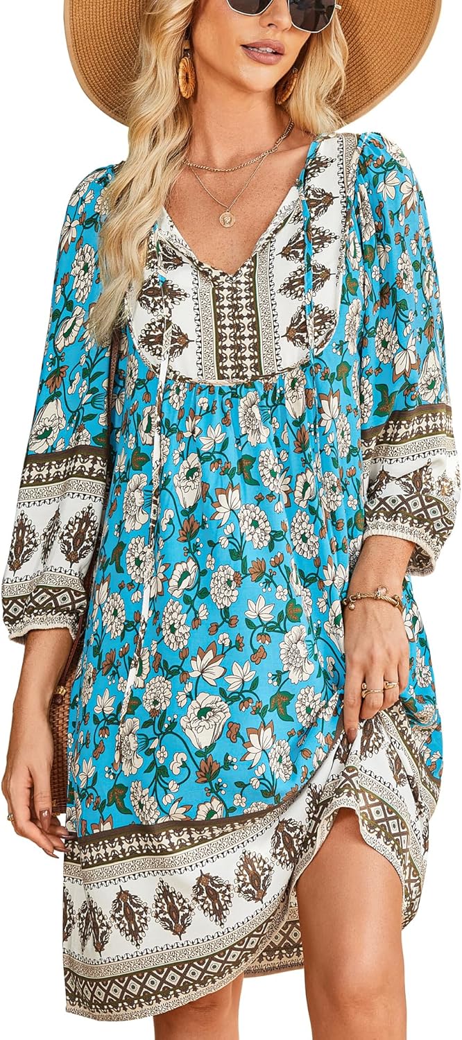 Bluetime Women Casual Summer Dress Boho V Neck Floral Print