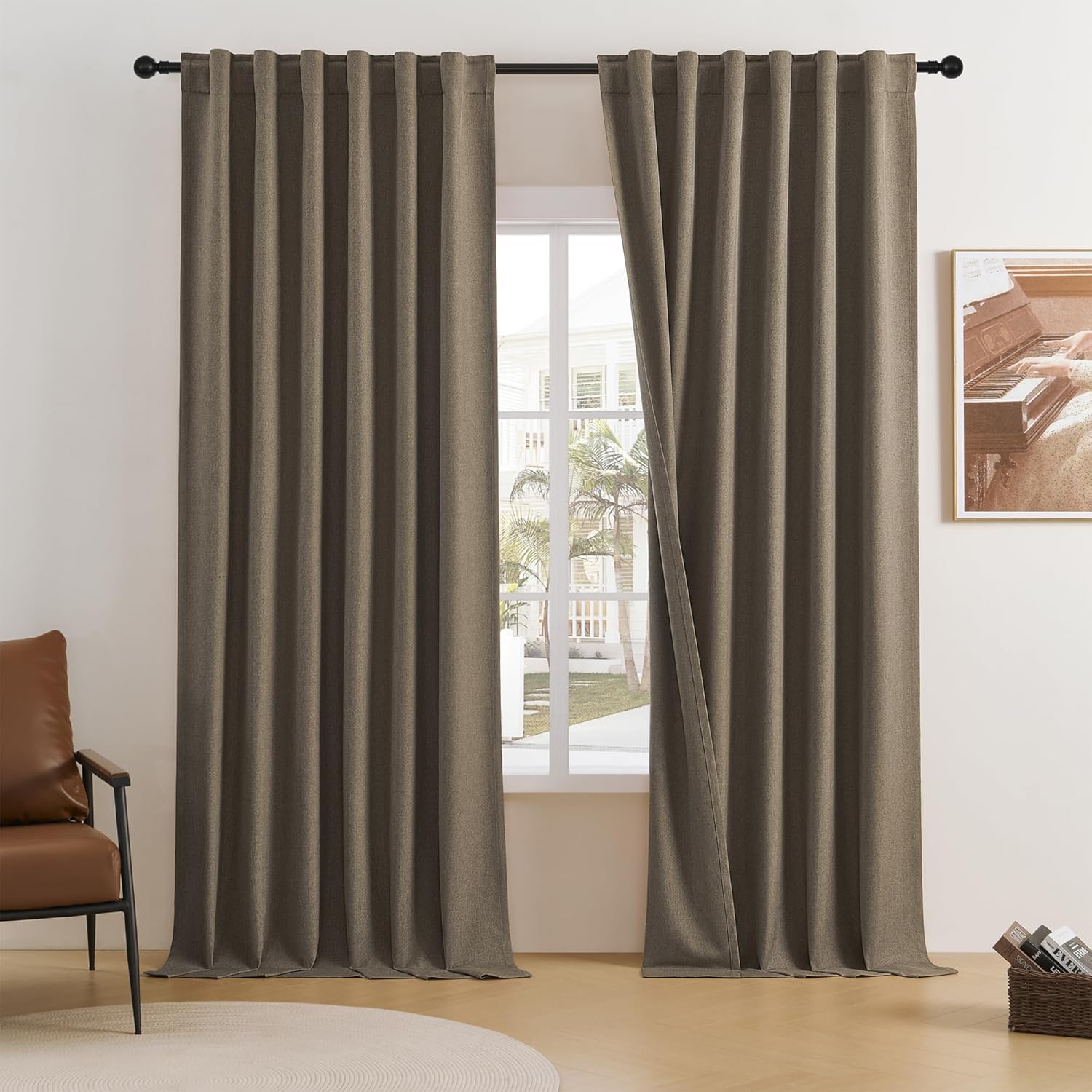 DUALIFE Chocolate Brown Flax Linen Extra Long Curtains 132 in