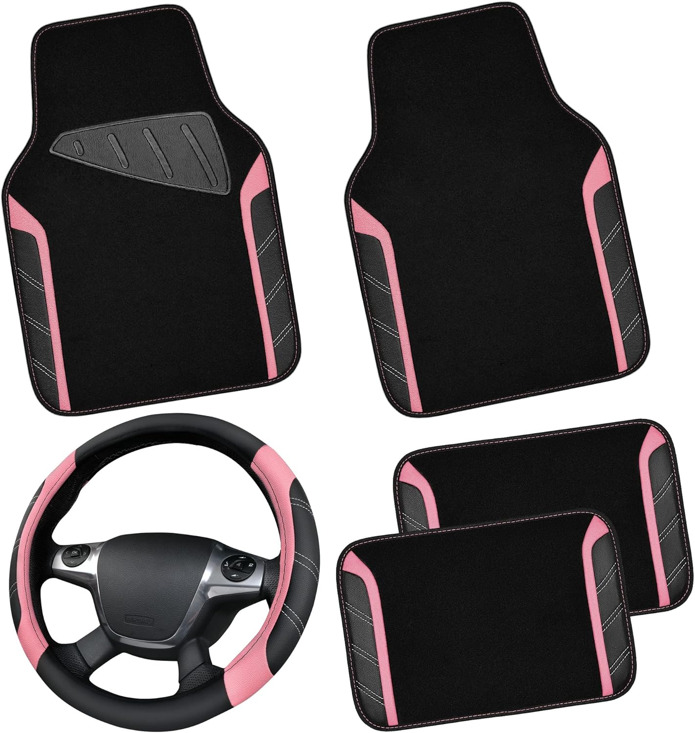 CAR PASS Microfiber Steering Wheel Cover and Floor Mats Combo