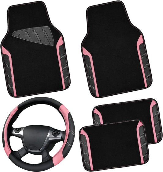 CAR PASS Microfiber Steering Wheel Cover and Floor Mats Combo
