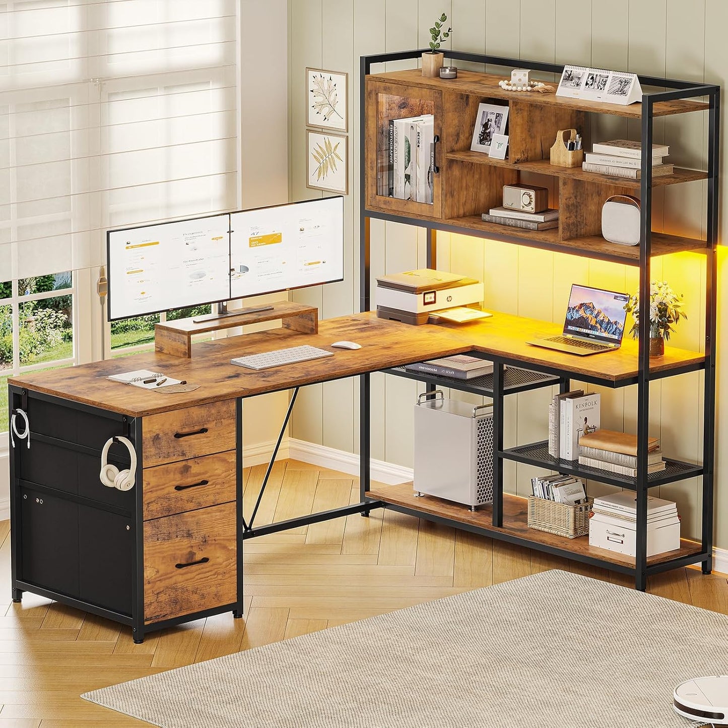 L Shaped Computer Desk with Storage and LED Light for Home Office