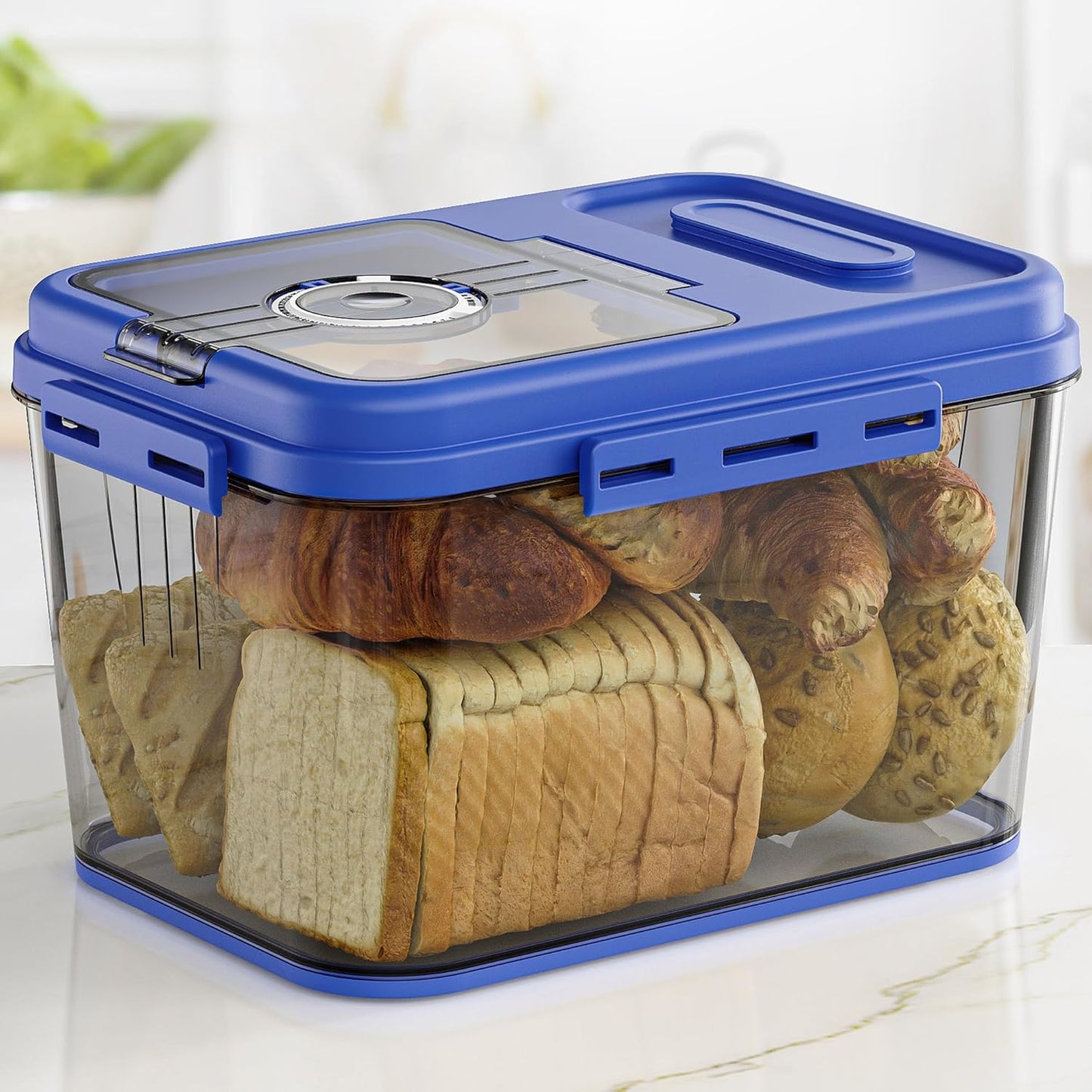Airtight Bread Box For Kitchen Countertop - Large Blue Storage