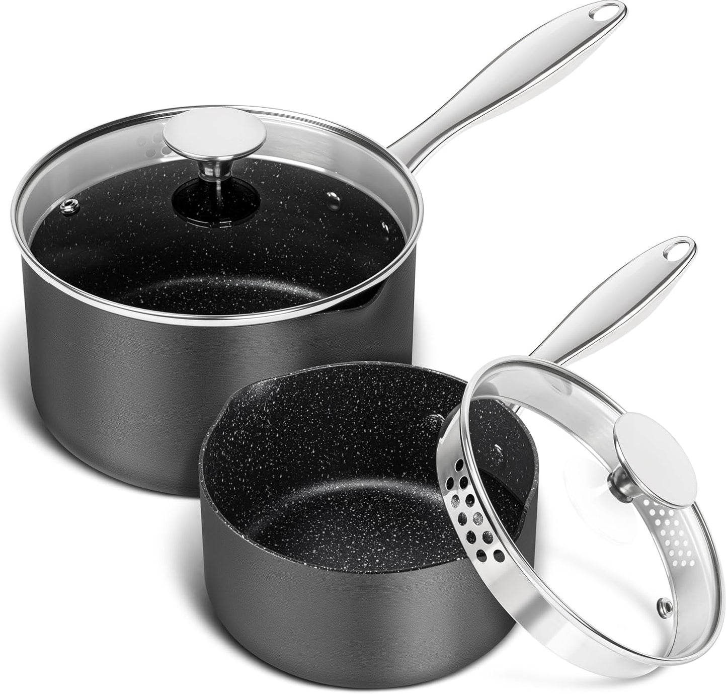 MICHELANGELO Hard Anodized Saucepan Set with Strainer Lid