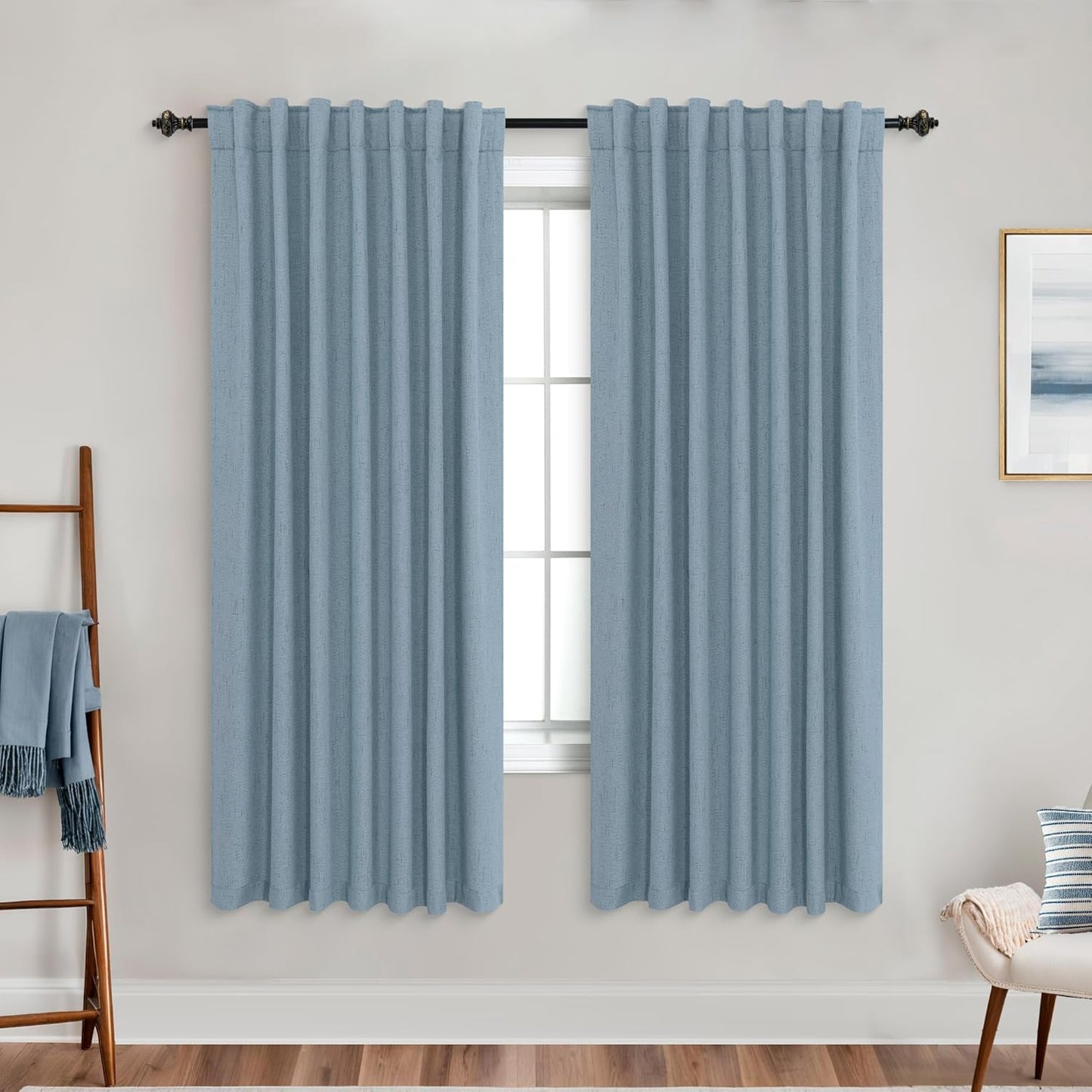 KOUFALL 52x72 Inches Long Stone Blue Back Tab Linen Curtains