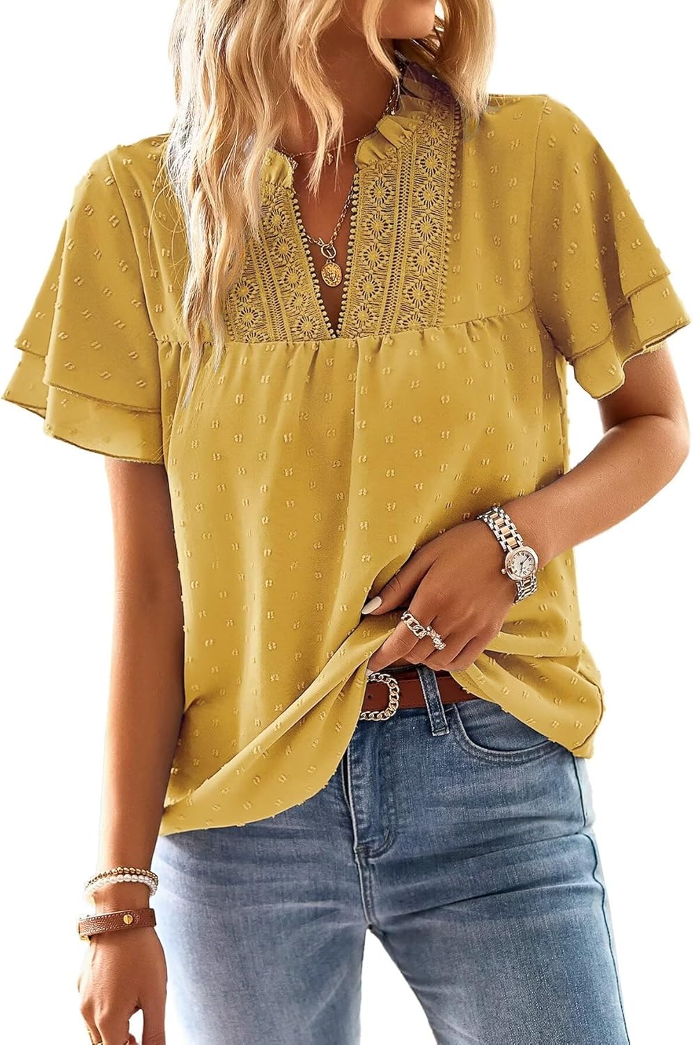 Womens Tops Butterfly Sleeve V Neck Blouses for Dressy Casual Wear
