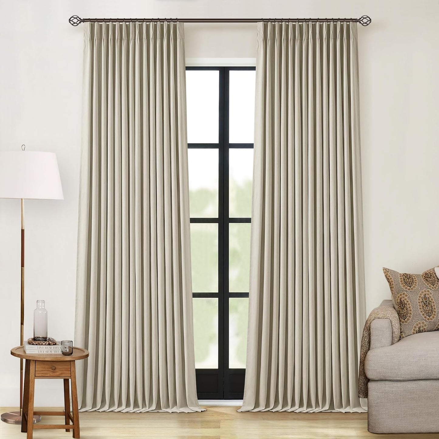 90 Inch Blackout Linen Pleated Curtains for Elegant Living Room