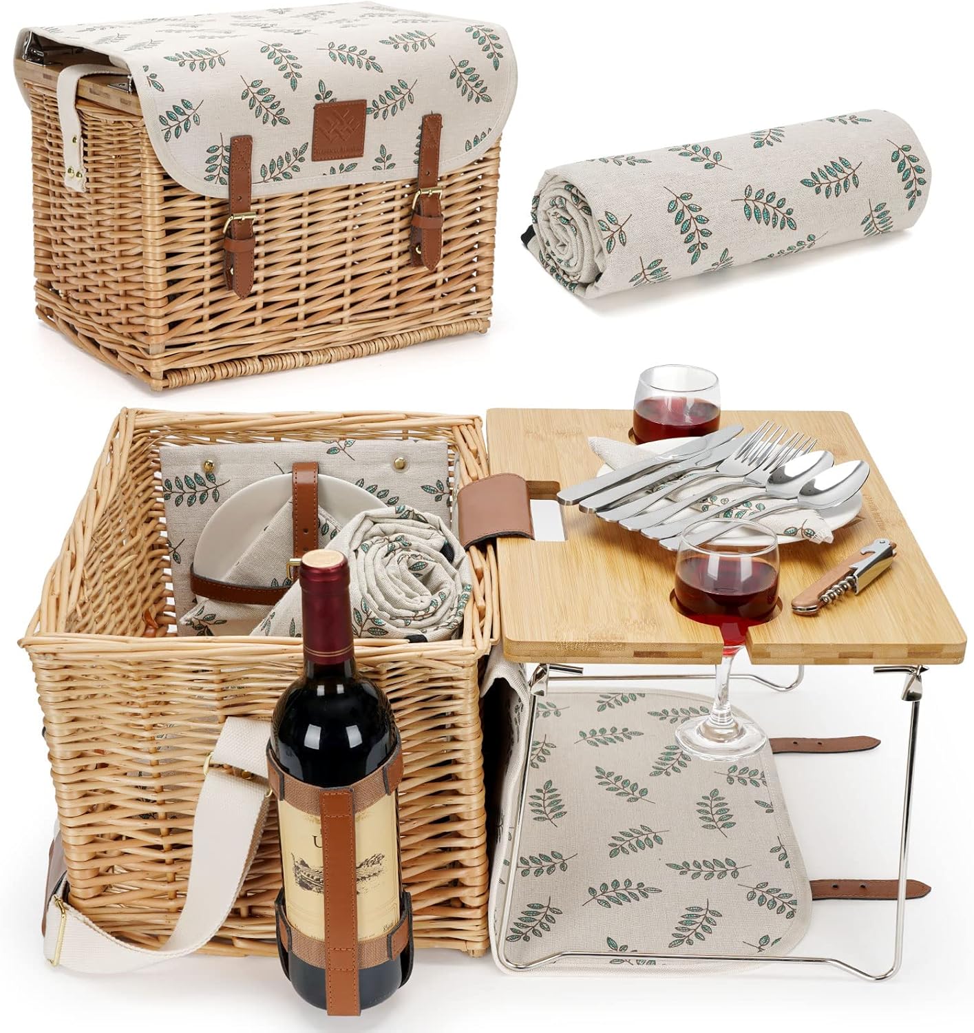 WILLOW WEAVE Picnic Basket Set for 2 with Wine Holder & Blanket