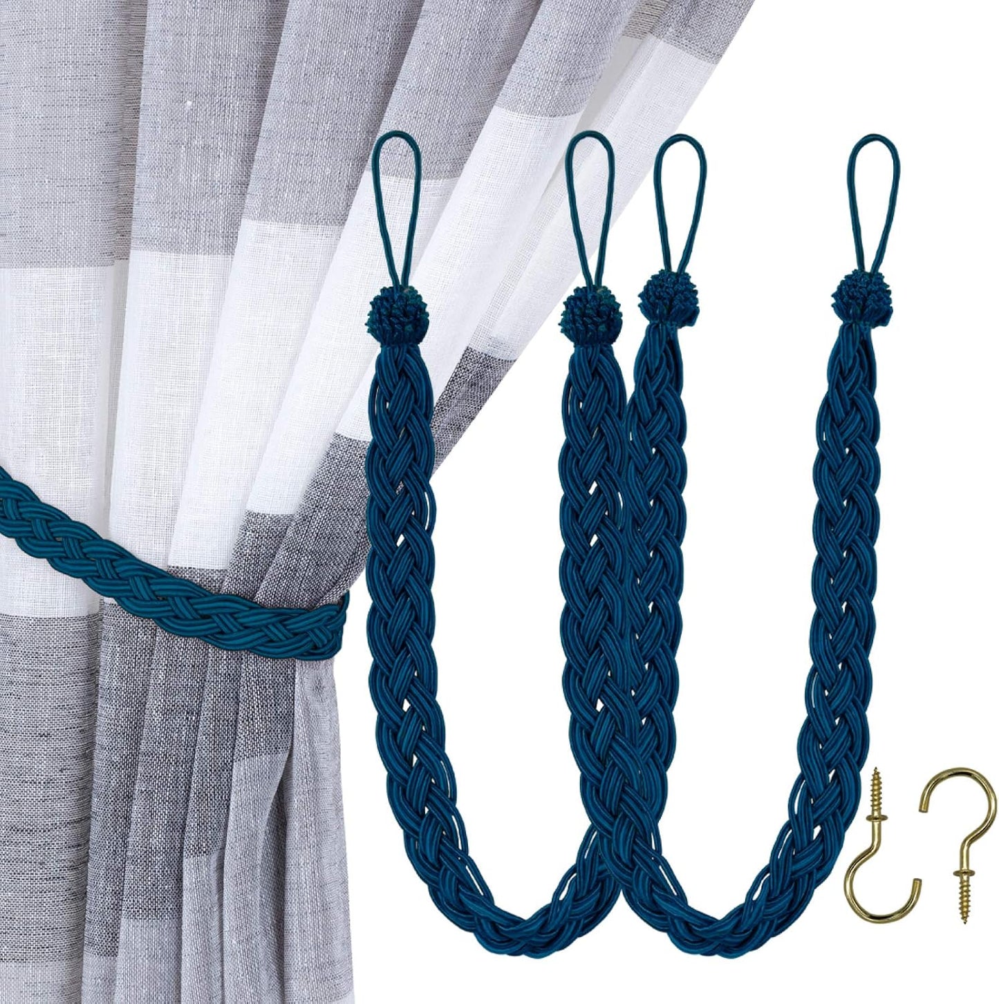 Chic Navy Curtain Tiebacks Set - 2 Rope Belts with Metal Hooks