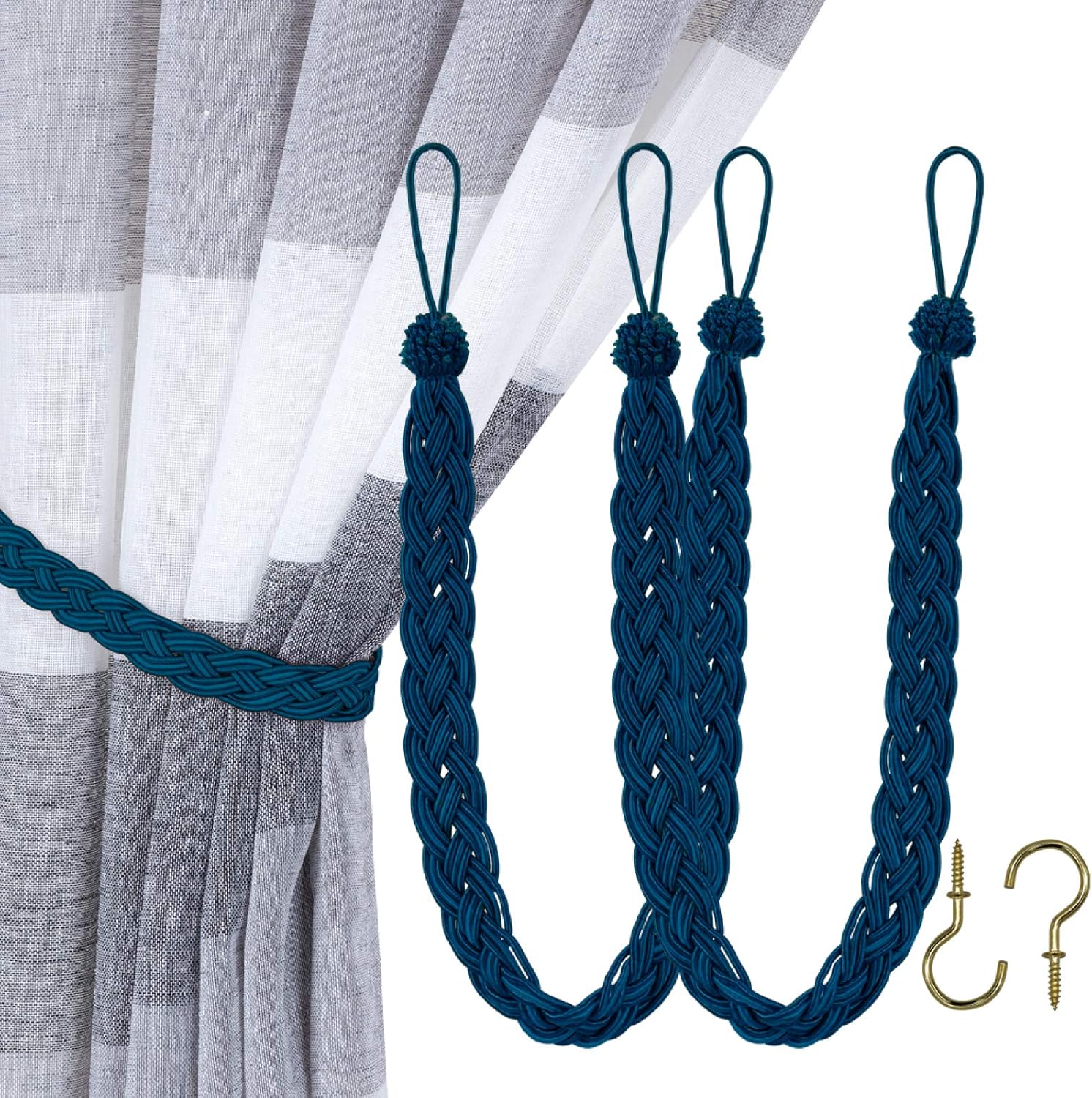 Chic Navy Curtain Tiebacks Set - 2 Rope Belts with Metal Hooks
