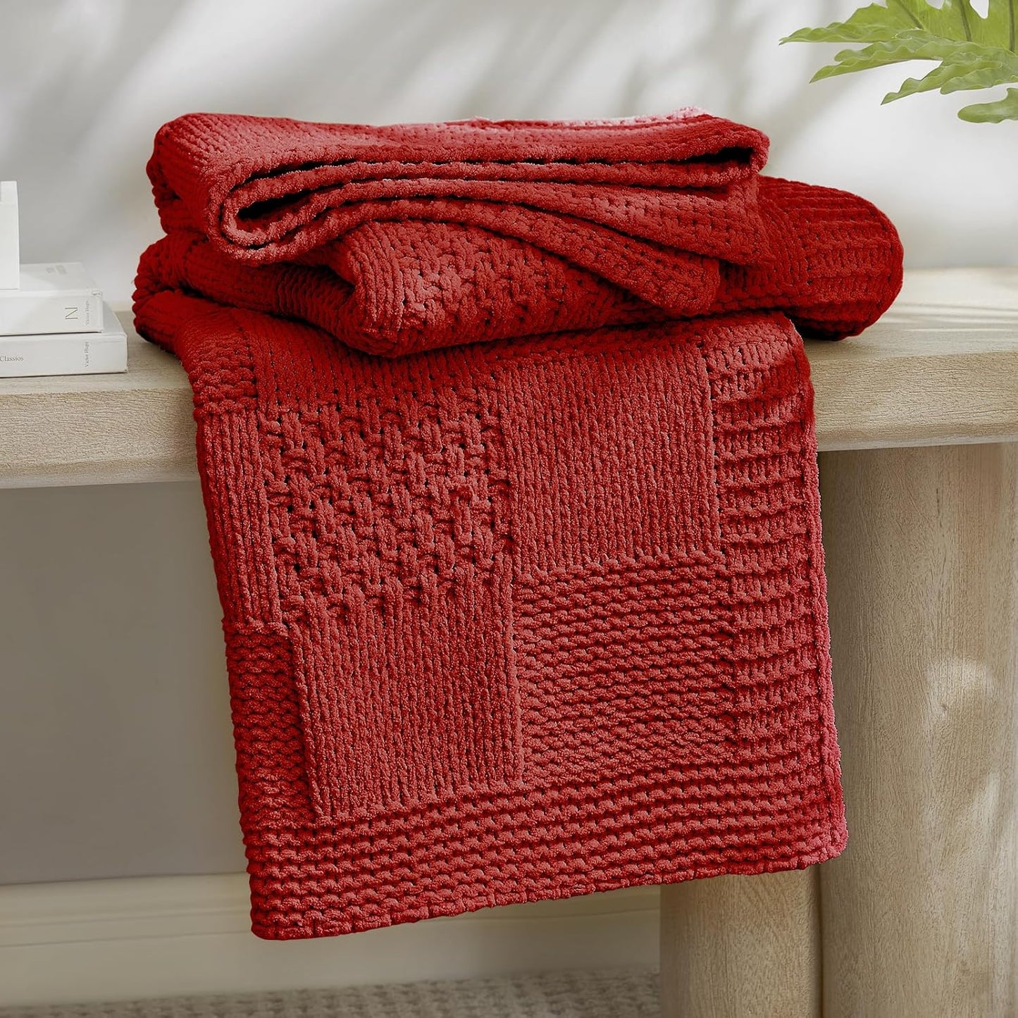 Checkered Chenille Knit Throw Blanket for Couch and Sofa