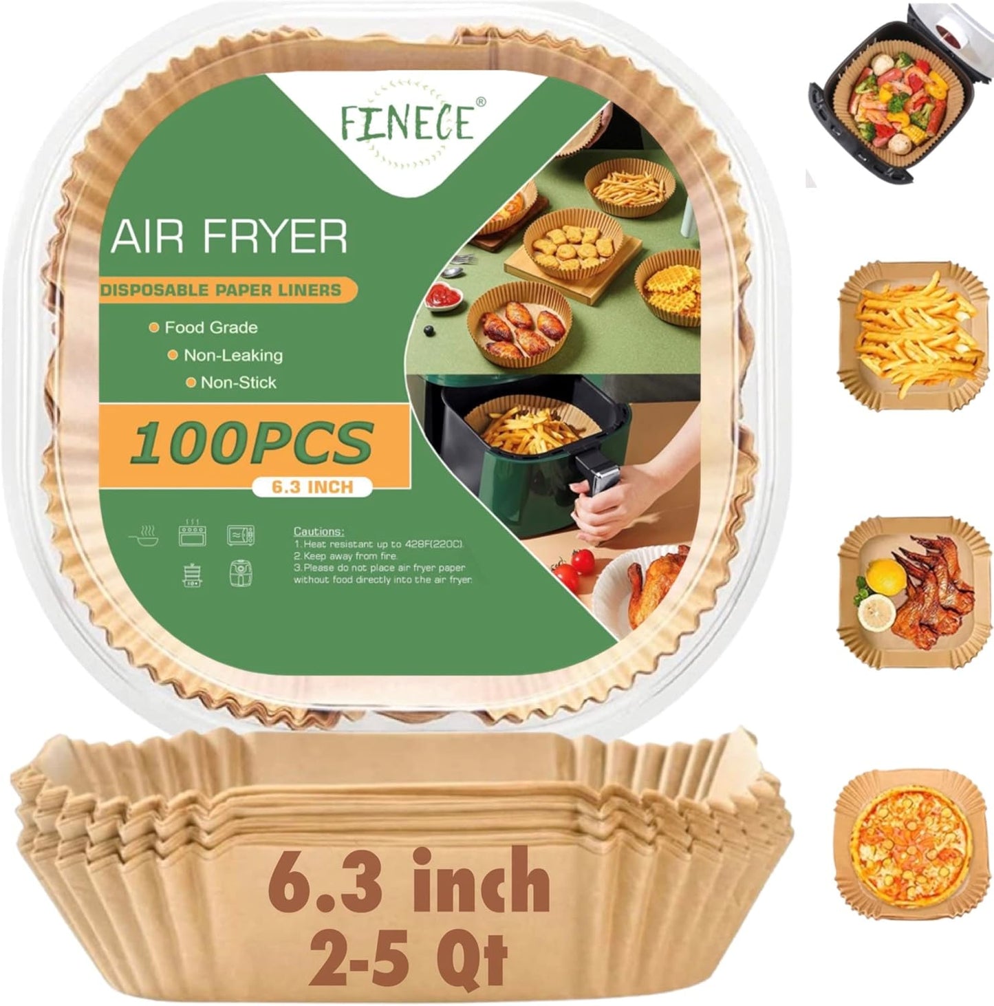 Oil-Proof Square Air Fryer Liners, 100PCS, 6.3in Non-Stick Parchment by FINECE