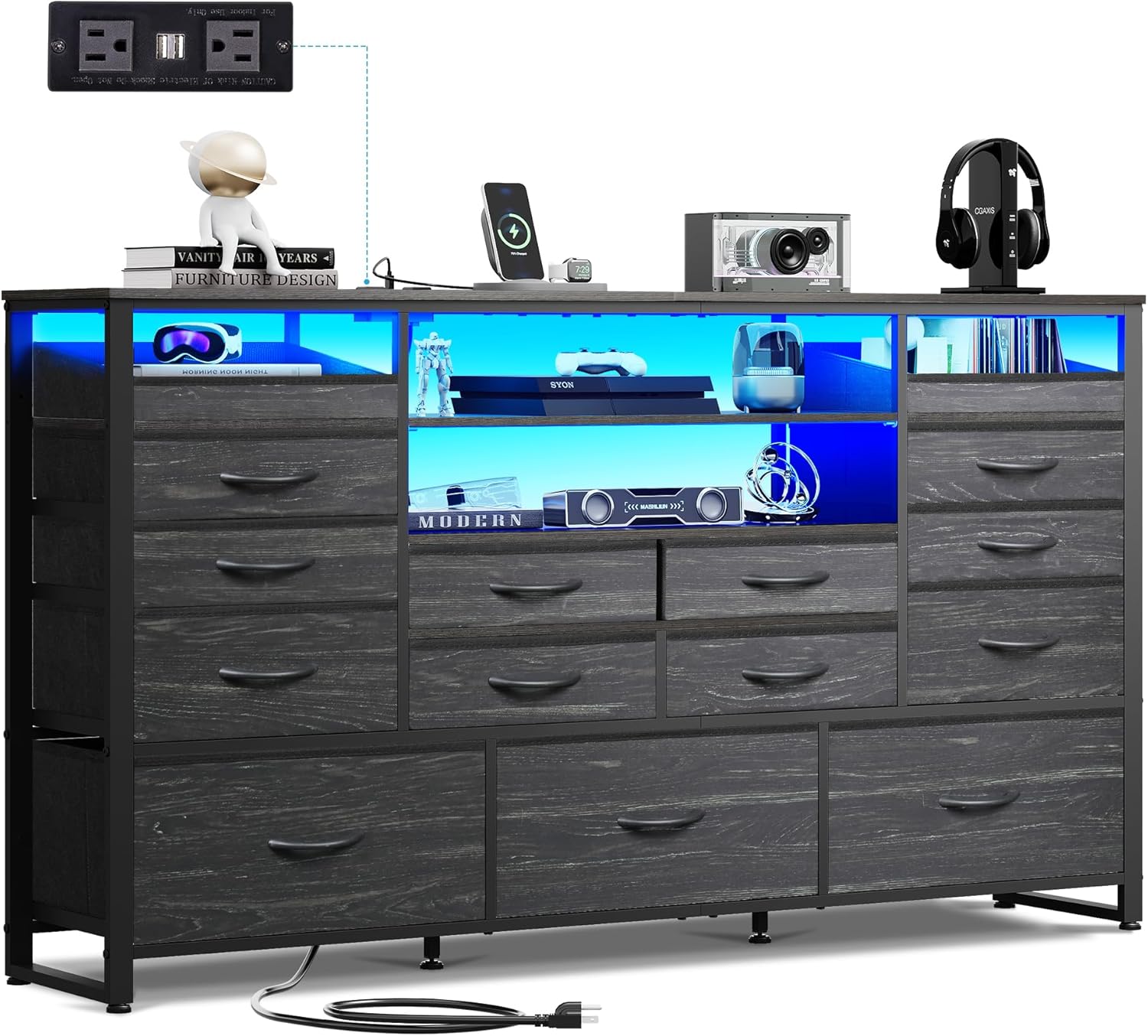 WLIVE Black TV Stand for 55 60 65 inch TVs with LED Lights