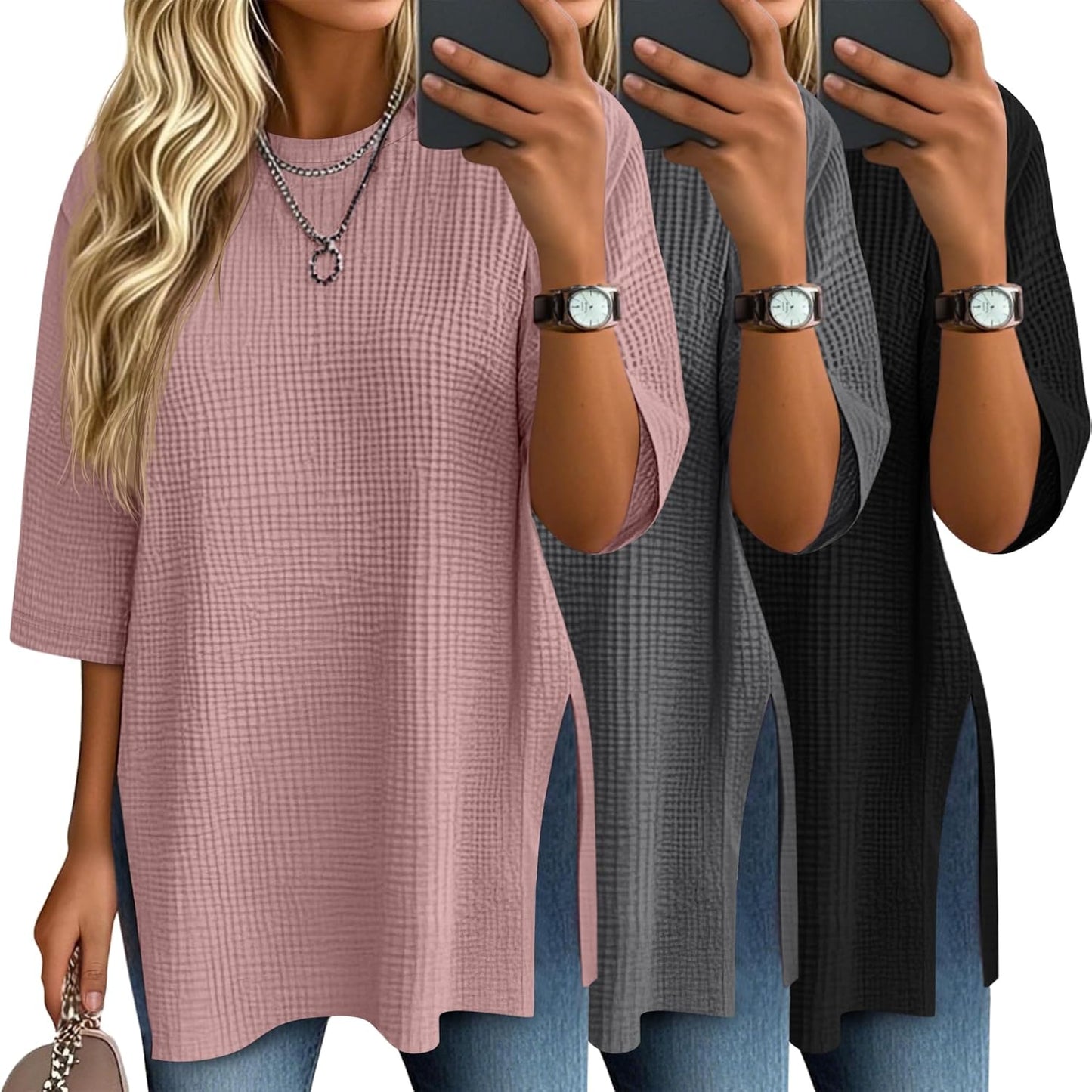 3 Pack Women's 3/4 Sleeve Waffle Knit Tops for Casual Wear