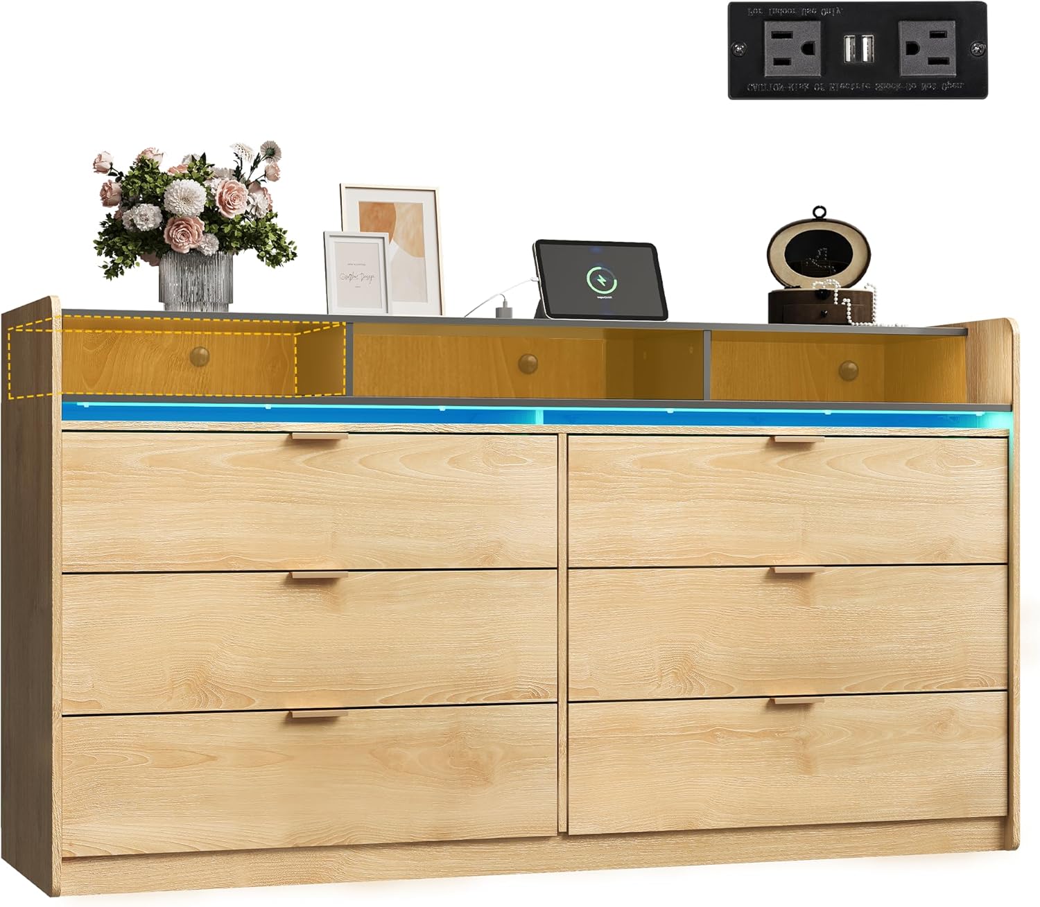 WLIVE 9 Drawer LED Dresser with Power Outlets for Storage