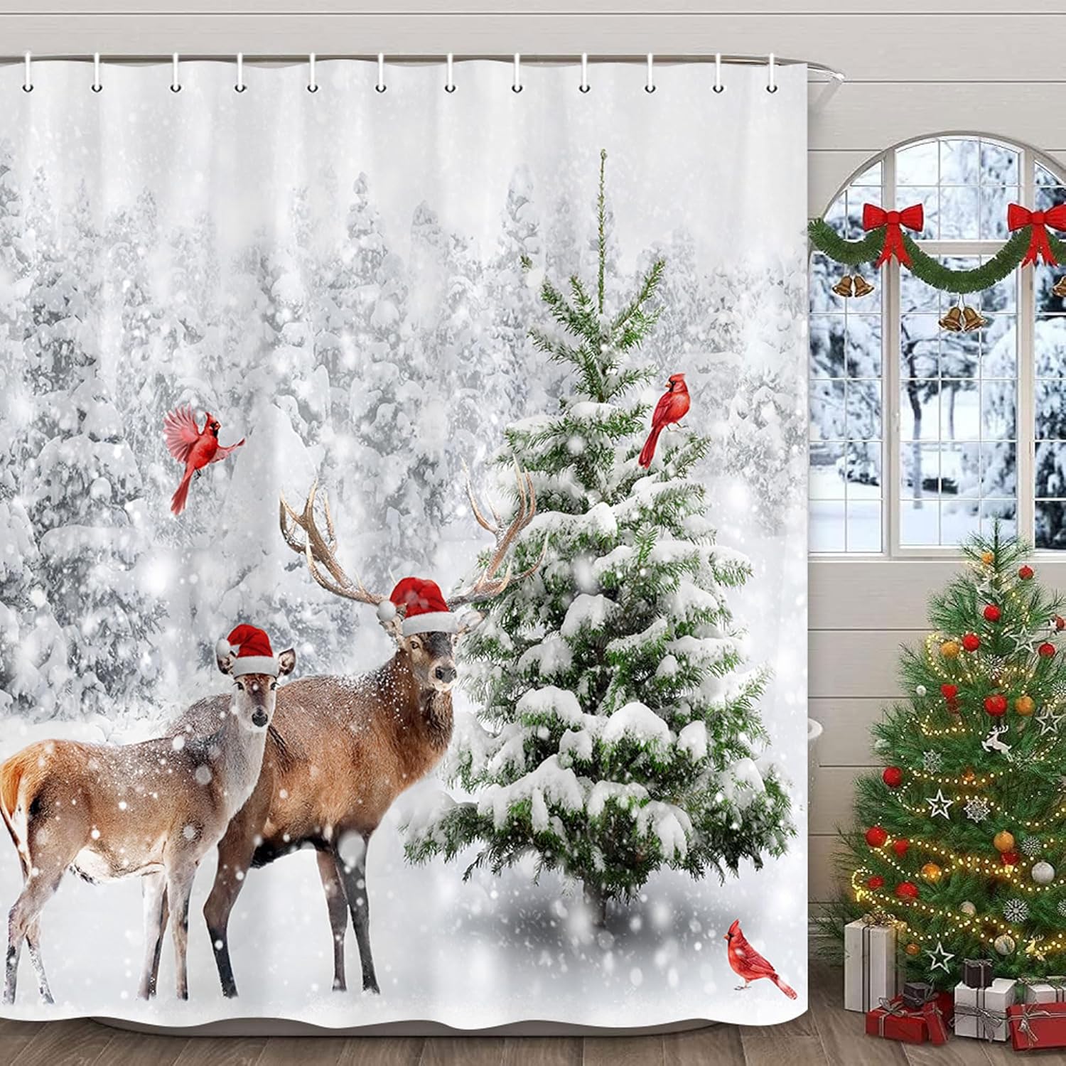 Deer Winter Forest Christmas Shower Curtain Set