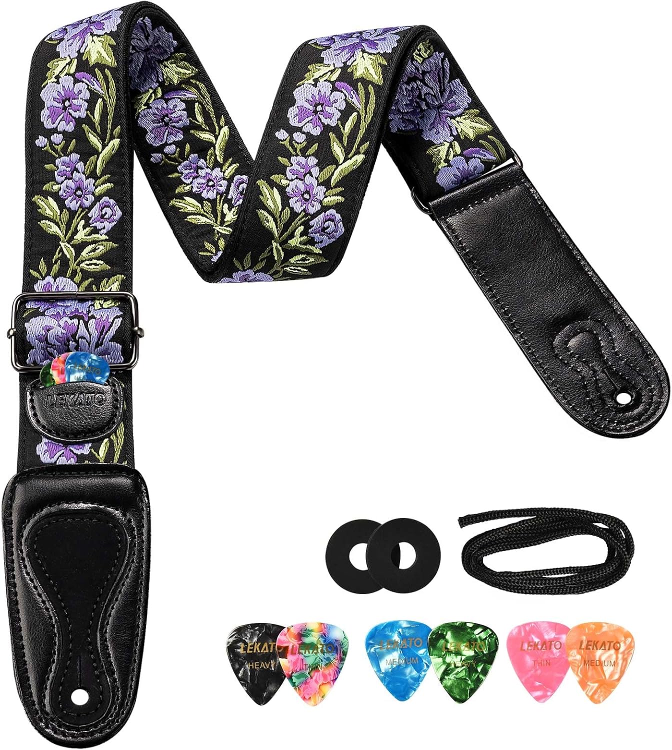 LEKATO Flower Bass Strap: Artistic Wide Guitar Straps with Pick Holder