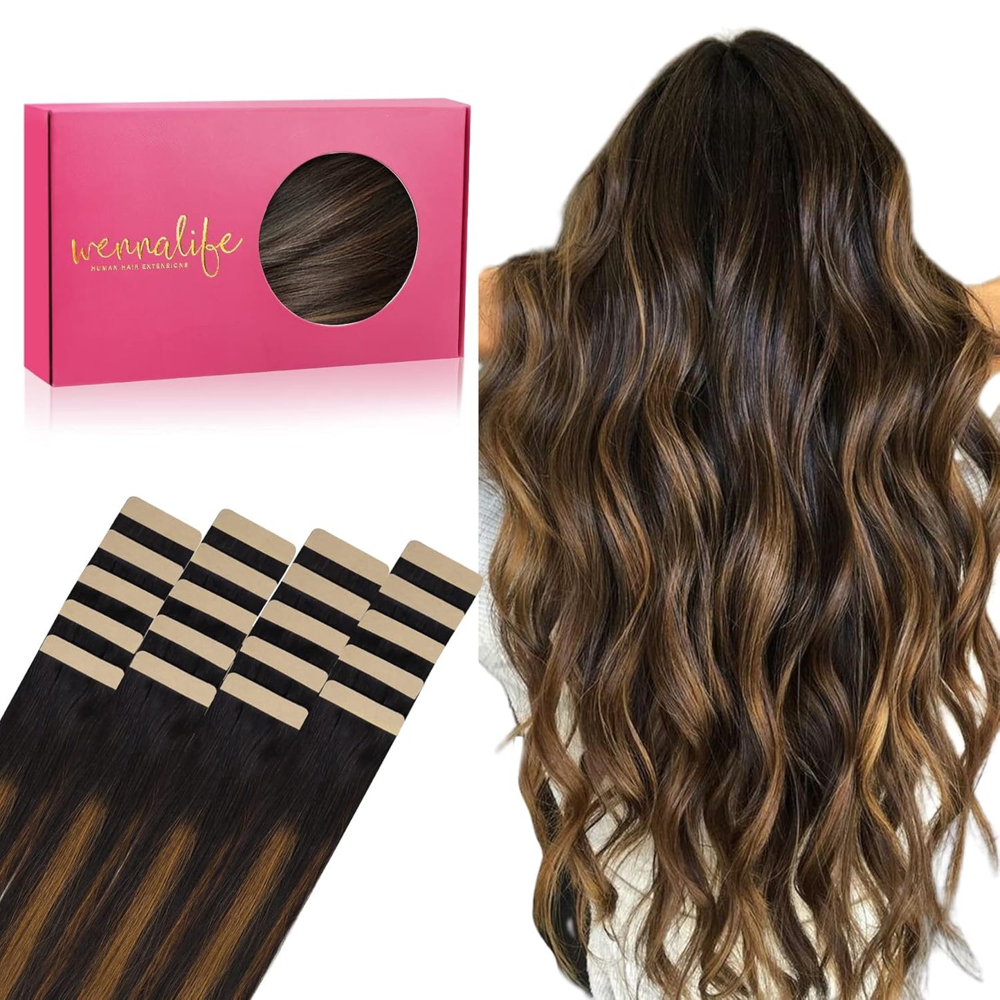 WENNALIFE Tape in Hair Extensions for Natural Black & Chestnut