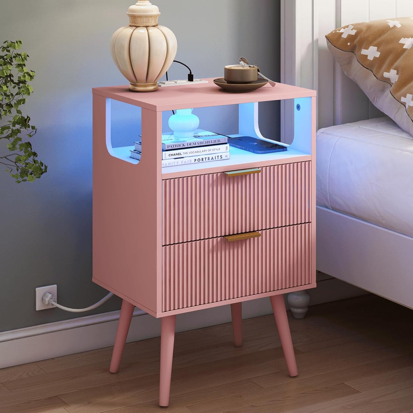Pink Nightstand with Charging Station and LED Lights for Bedroom