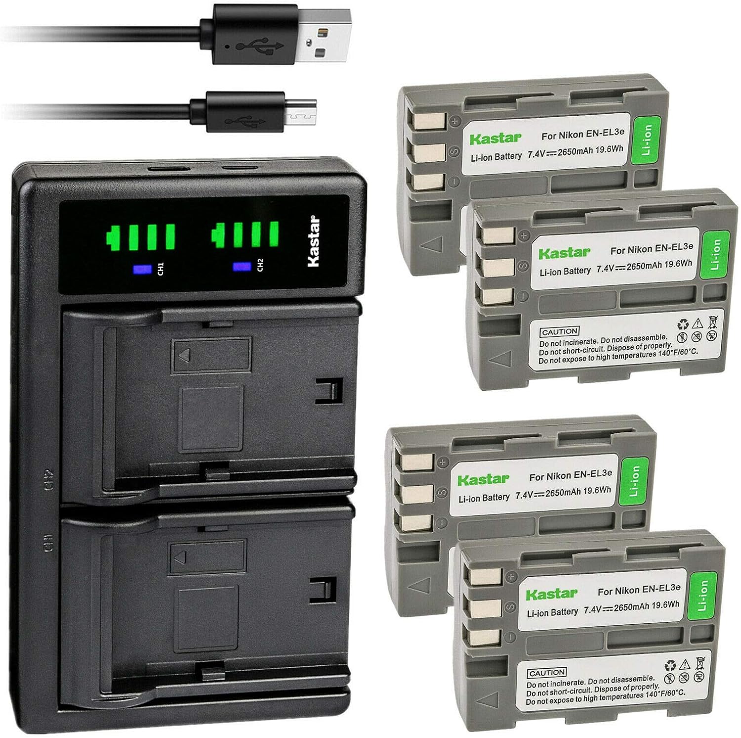 Kastar 4-Pack EN-EL3e Battery and USB Charger for Nikon Cameras