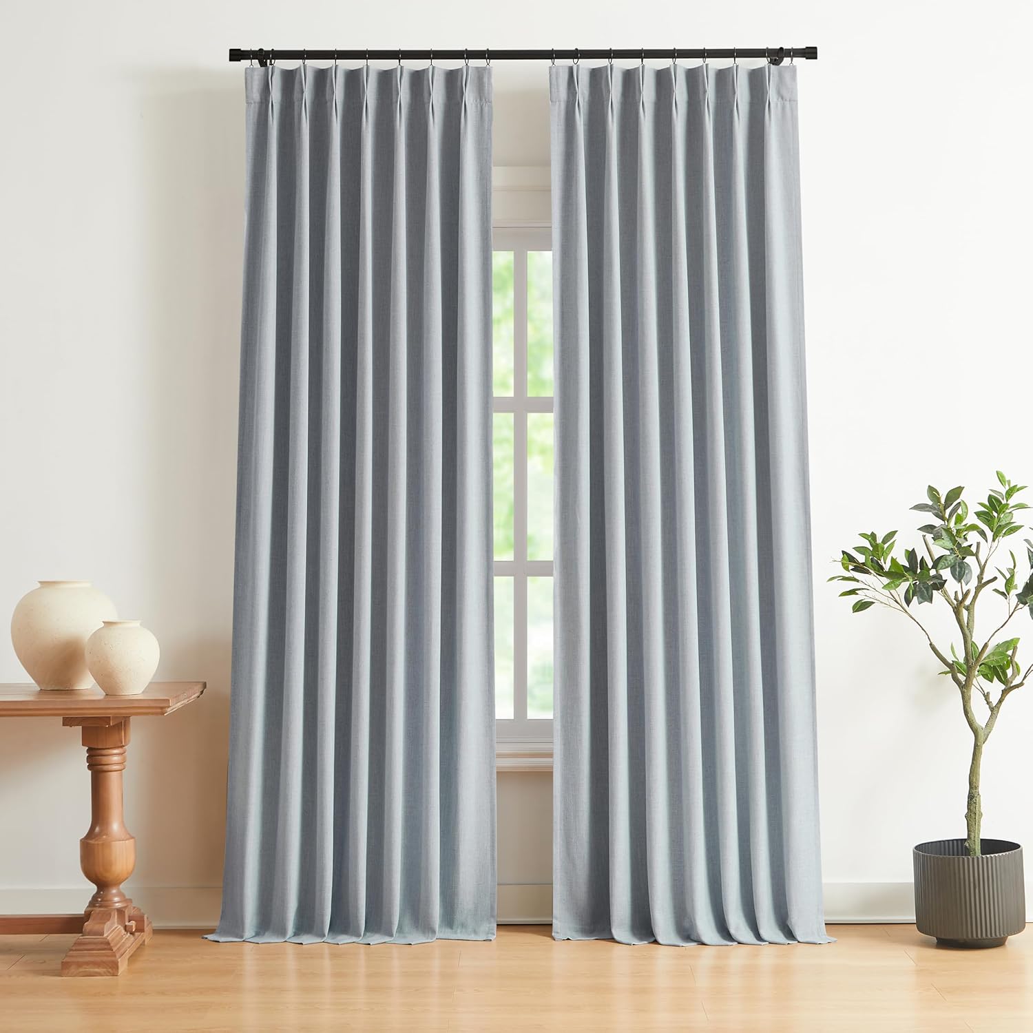 Blue Gray Pinch Pleated Blackout Curtains for Modern Homes