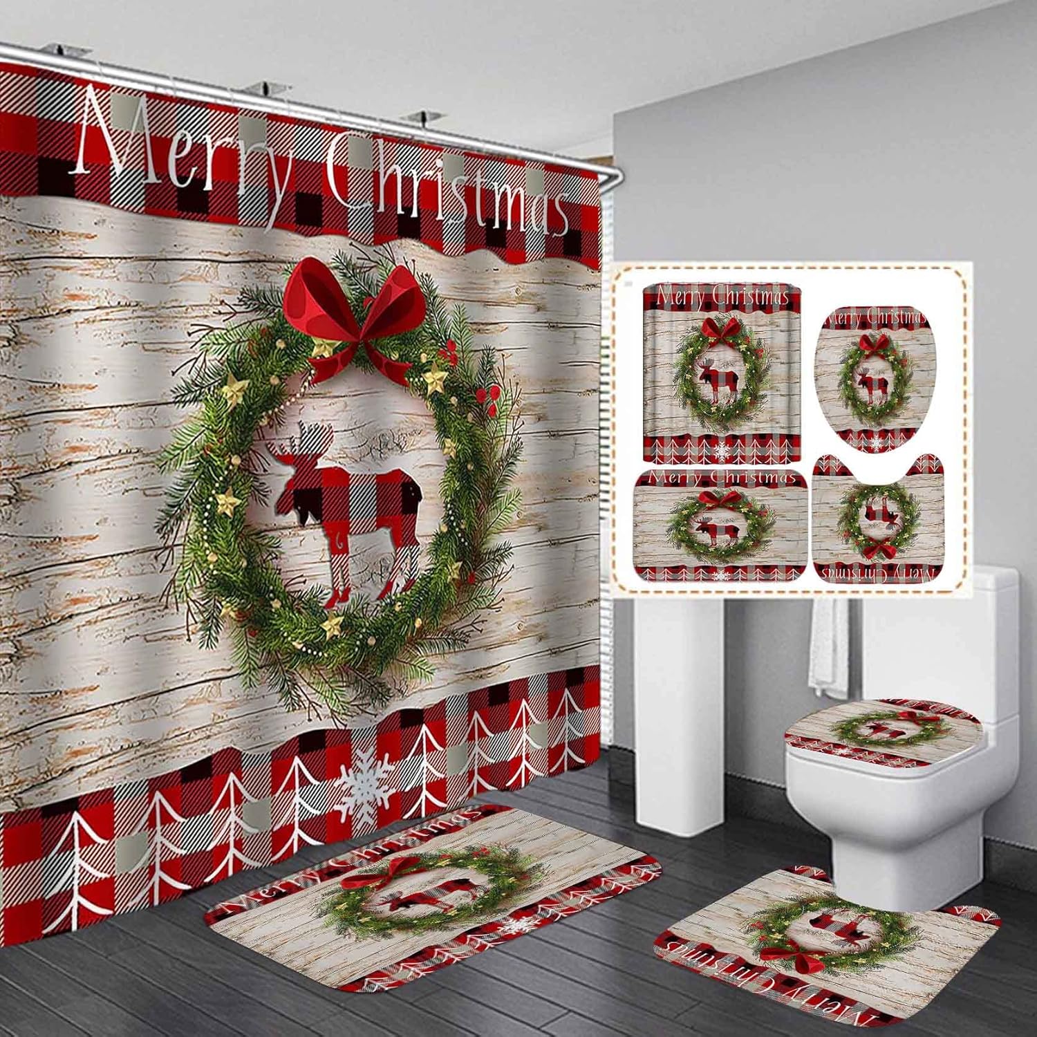 Rustic Christmas Bathroom Set - 4PCS Cabin Decor