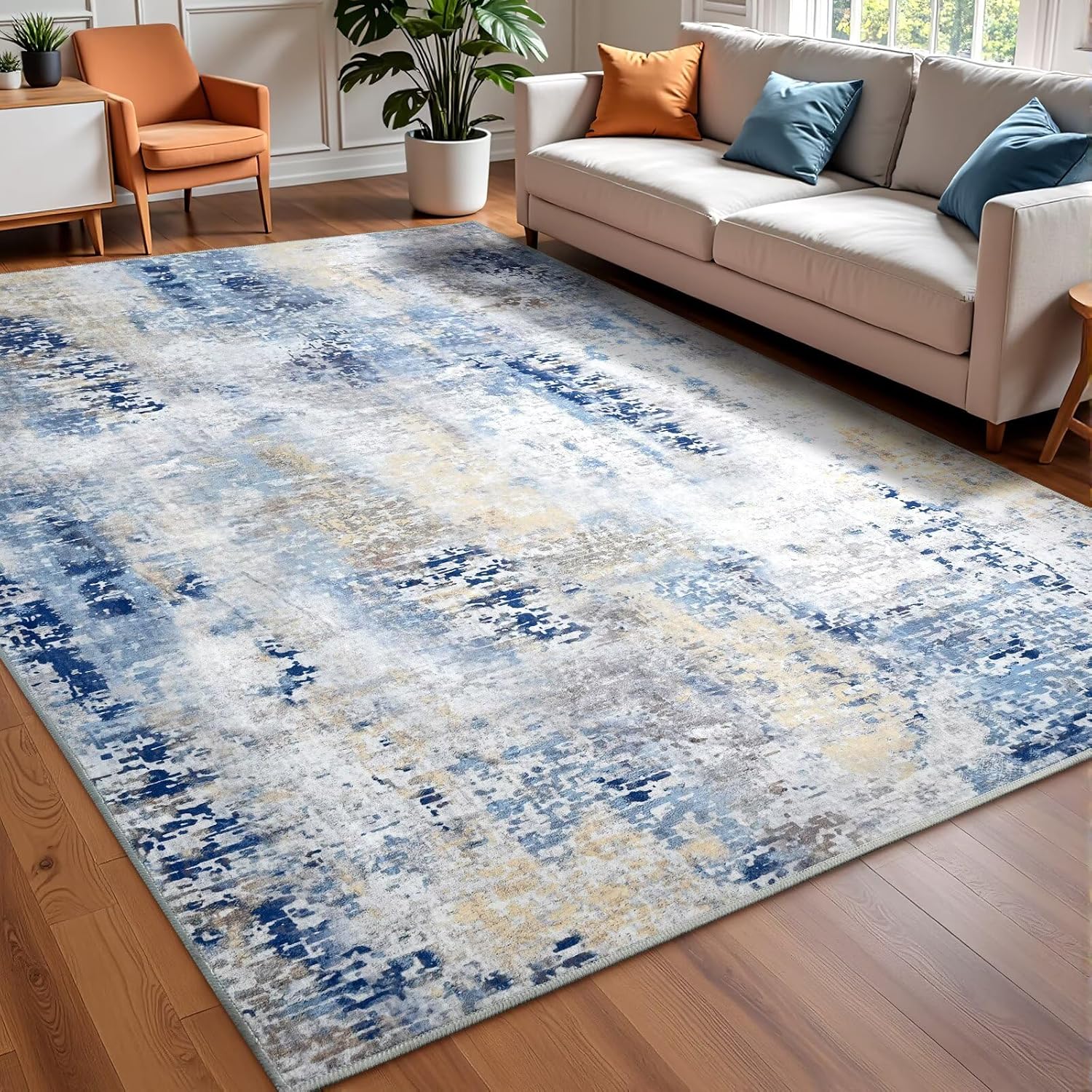 Washable Abstract Rug for Living Room, Soft Non-Slip Design
