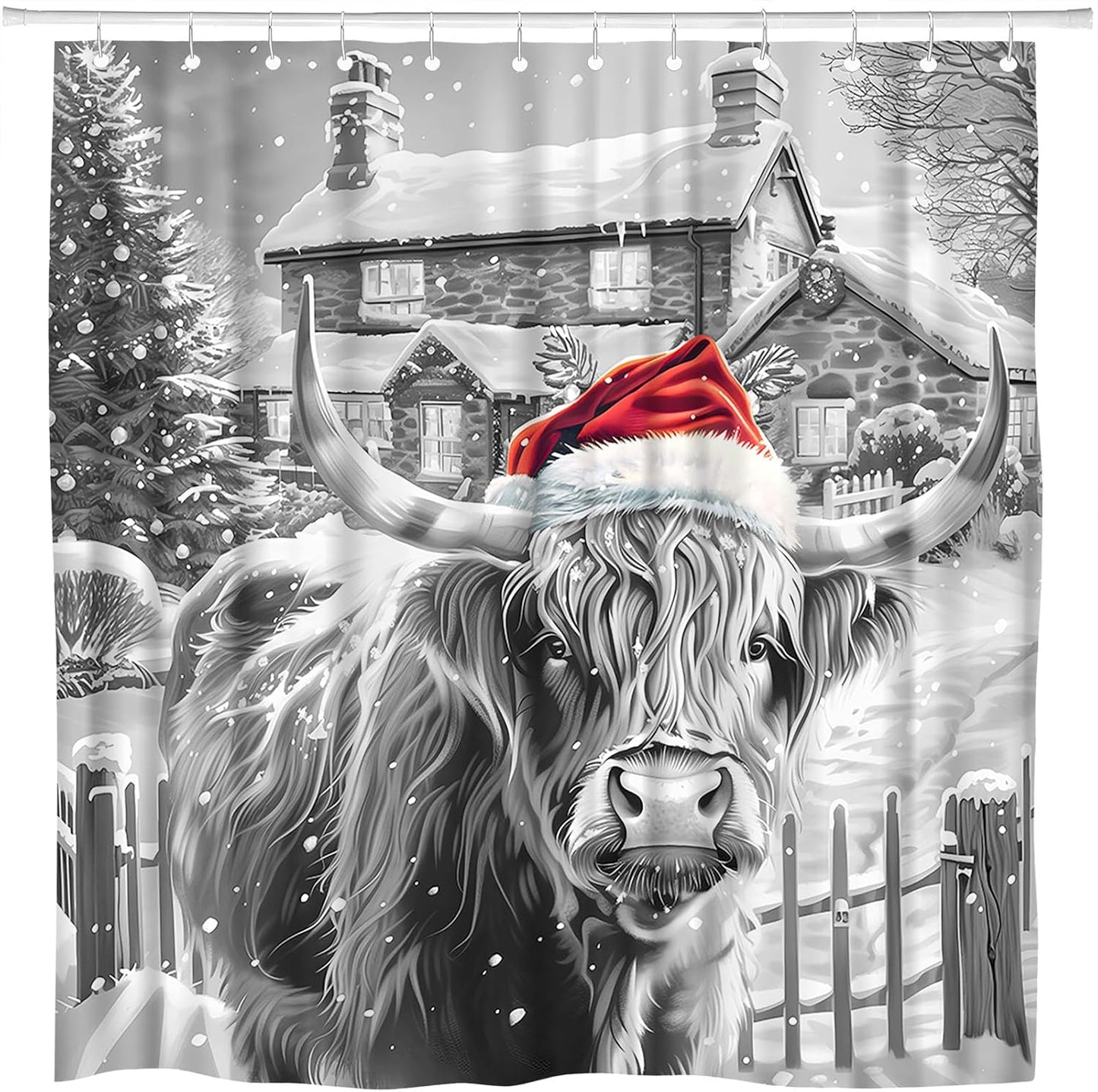 Christmas Highland Cow Grey Shower Curtain Set
