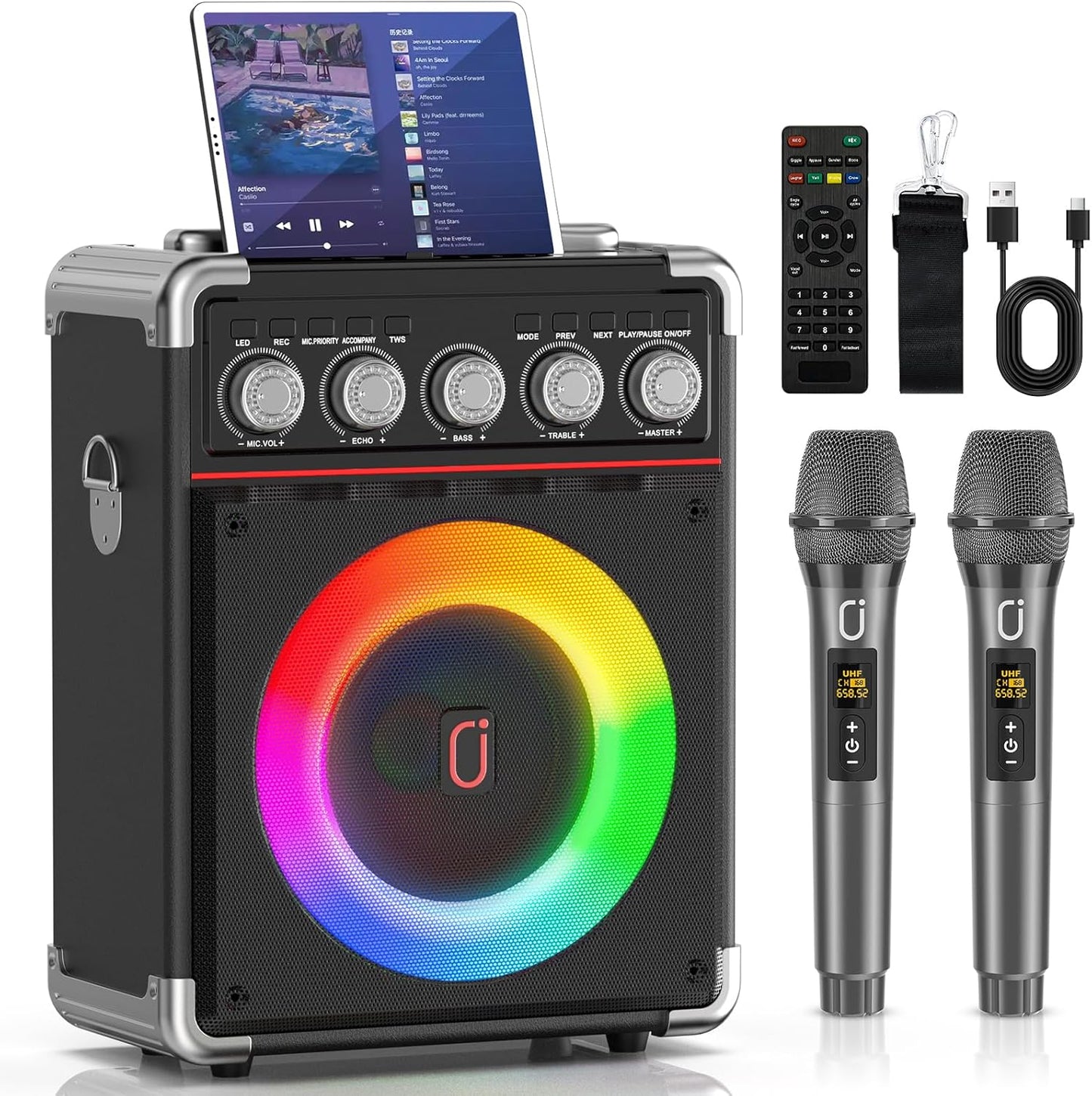 Portable Karaoke Machine with 2 Wireless Microphones & DJ Lights