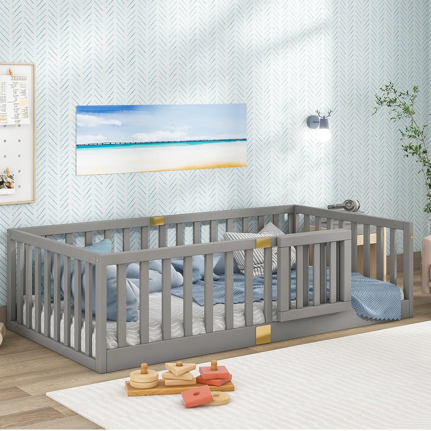 Tatub Twin Montessori Floor Bed with High Rails for Kids