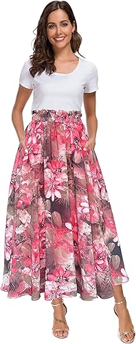 Afibi Women High Waist Floral Print Swing Chiffon Beach Midi Skirt