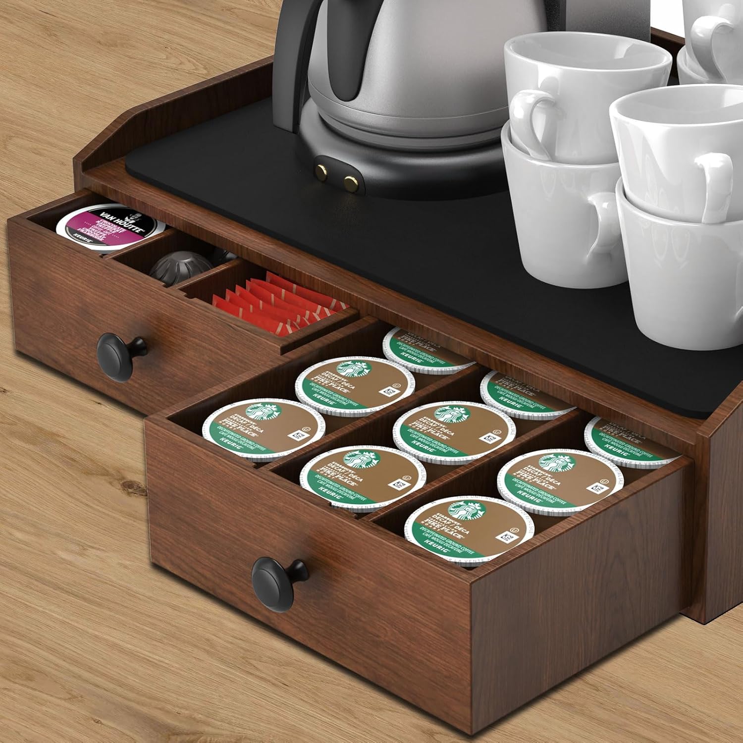 Wooden Coffee Pod Holder & Organizer for K-Cups and Tea Pods