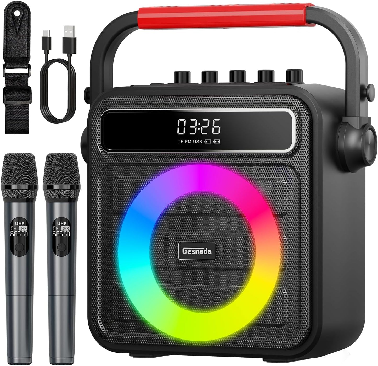 Portable Karaoke Fun: 2 Wireless Mics, RGB Lights, Gesnada