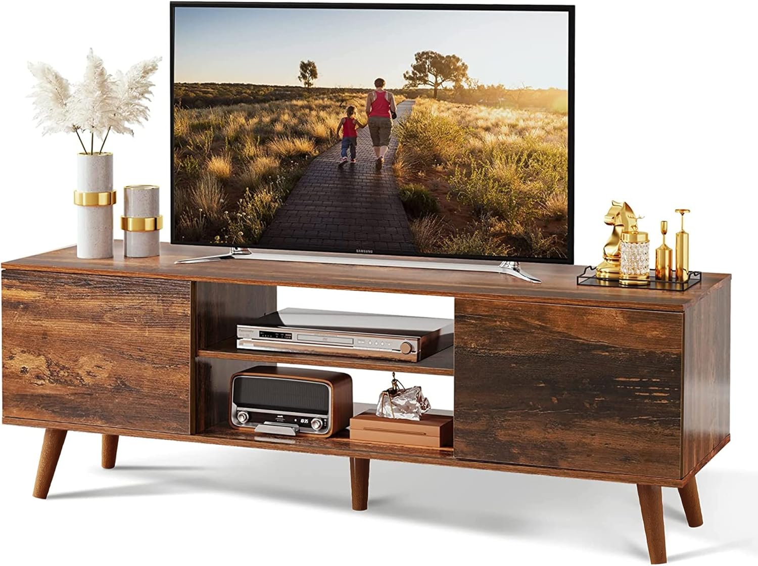 Mid Century Modern TV Stand with Storage - Retro Brown