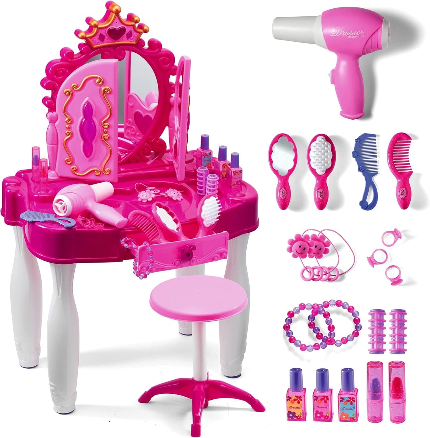 Play22 Girls Vanity Set with Mirror and Stool - 21 PCS Fun