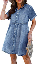 women's tiered denim babydoll dress - short sleeve button-down