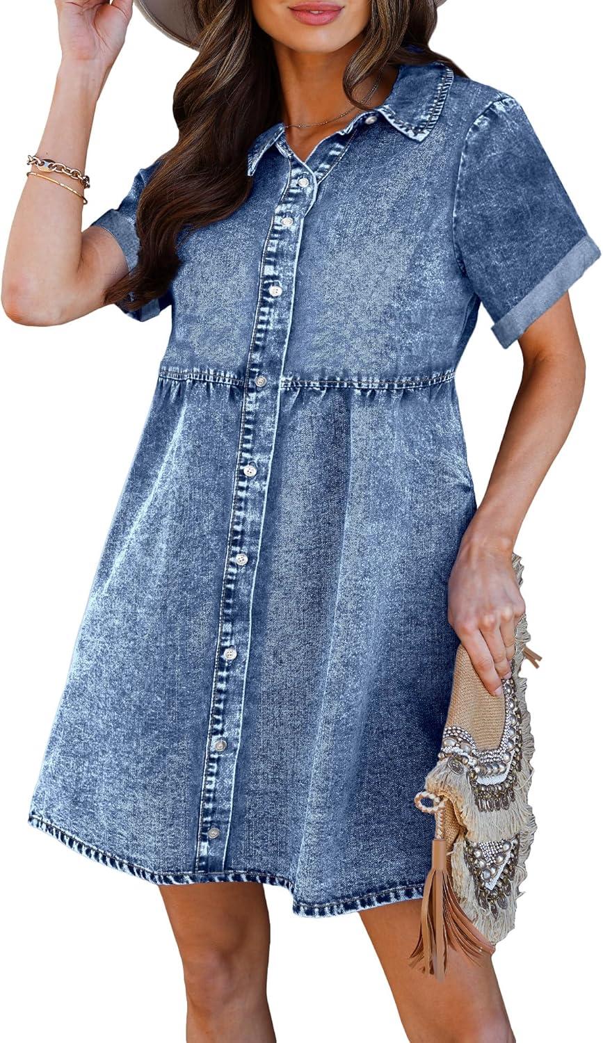 Luvamia Women's Casual Short Sleeve Denim Babydoll Dress