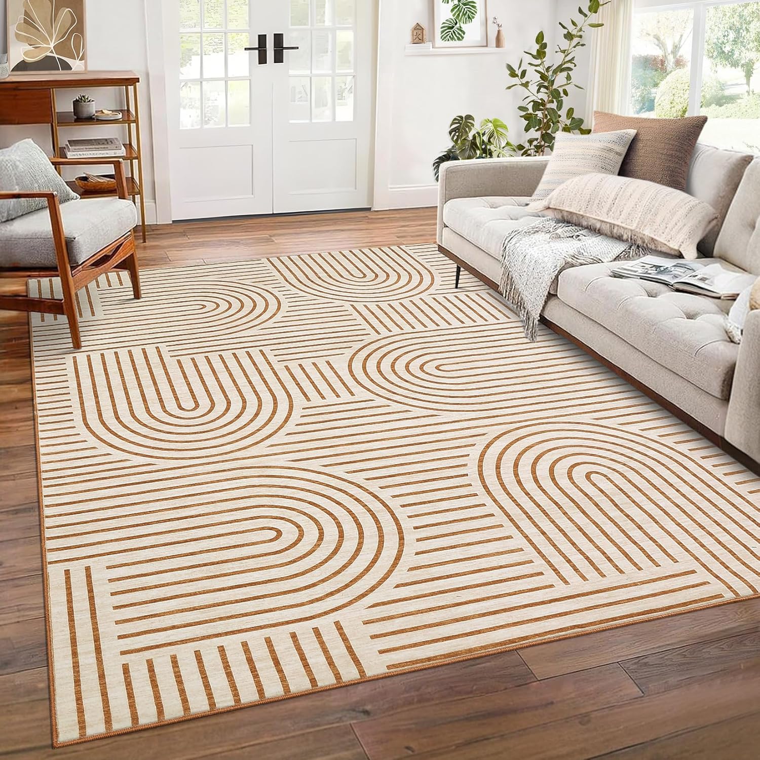 Washable 8x10 Area Rug for Living Room, Soft Rainbow Design