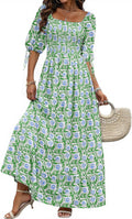 Women Boho Maxi Dress Square Neck Puff Sleeve - Flowy Beachwear