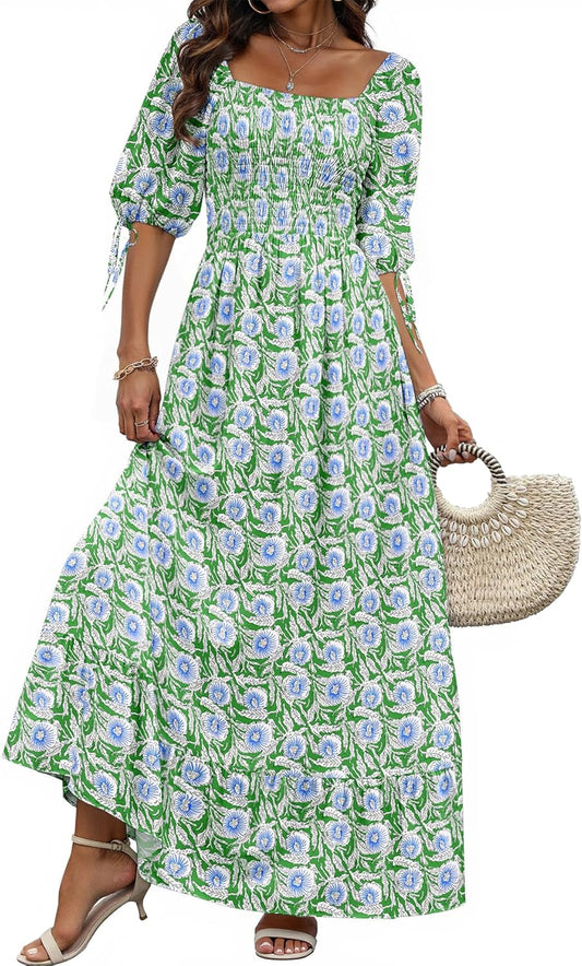 Women Boho Maxi Dresses Summer Puff Sleeve Square Neck Style