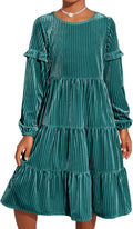Girls Velvet Tiered Dress Long Sleeve Crew Neck - Elegant Tween Pick