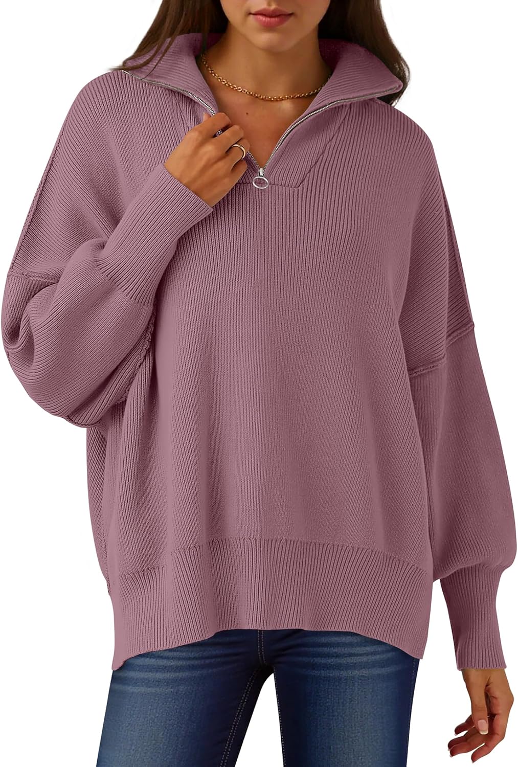 Oversized Fashion Long Sleeve Quarter Zip Sweater for Women