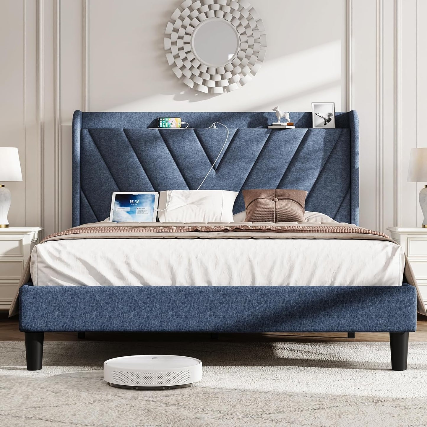 Koorlian Queen Bed Frame with Adjustable Headboard and USB Ports