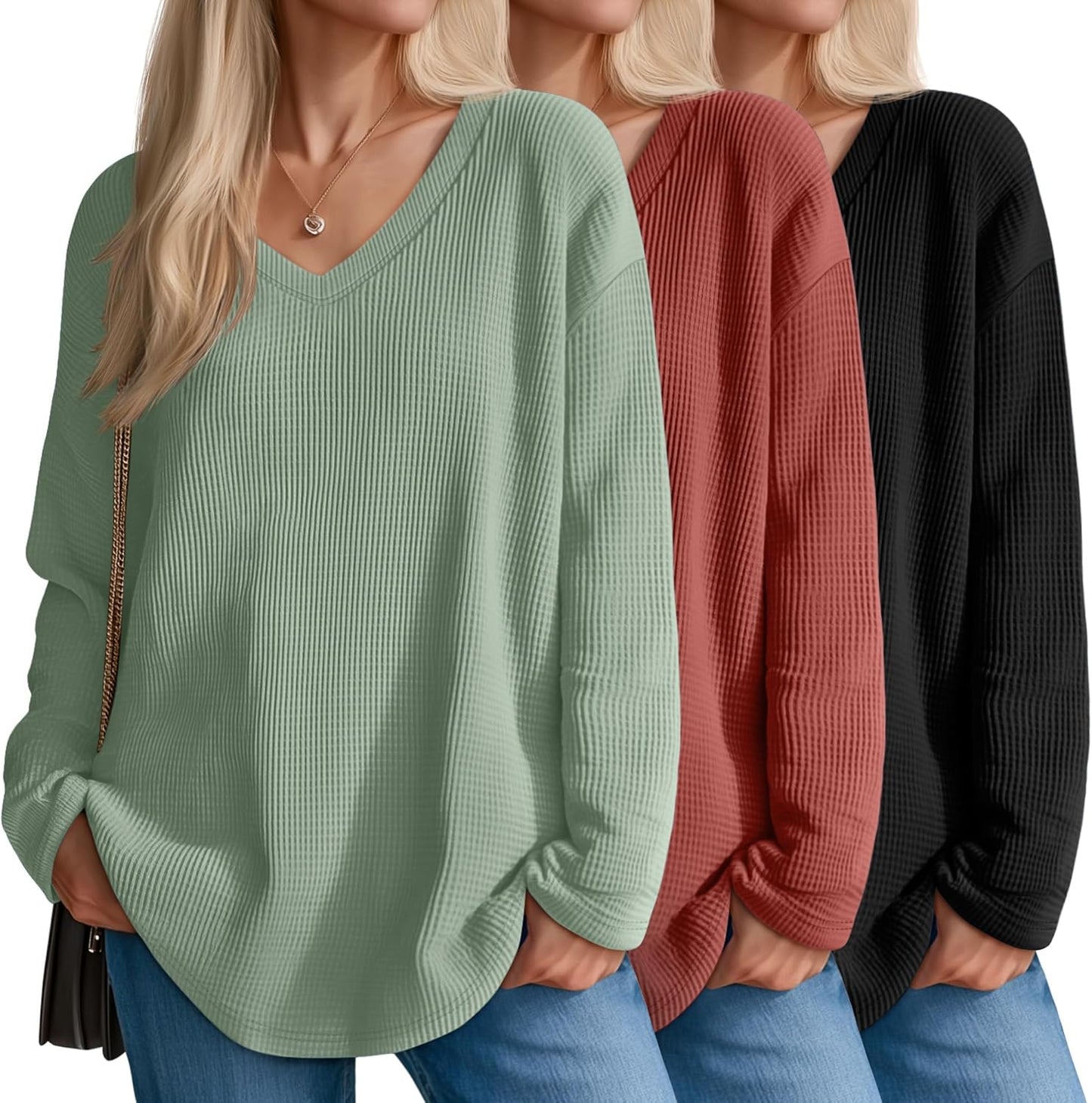 3 Pack Women's Oversized Waffle Knit Shirts for Casual Style