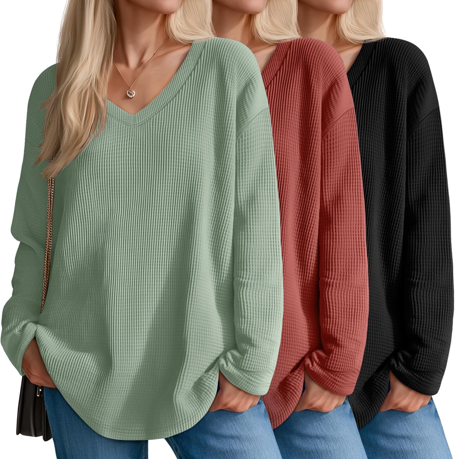 3 Pack Women's Oversized Waffle Knit Shirts for Casual Style