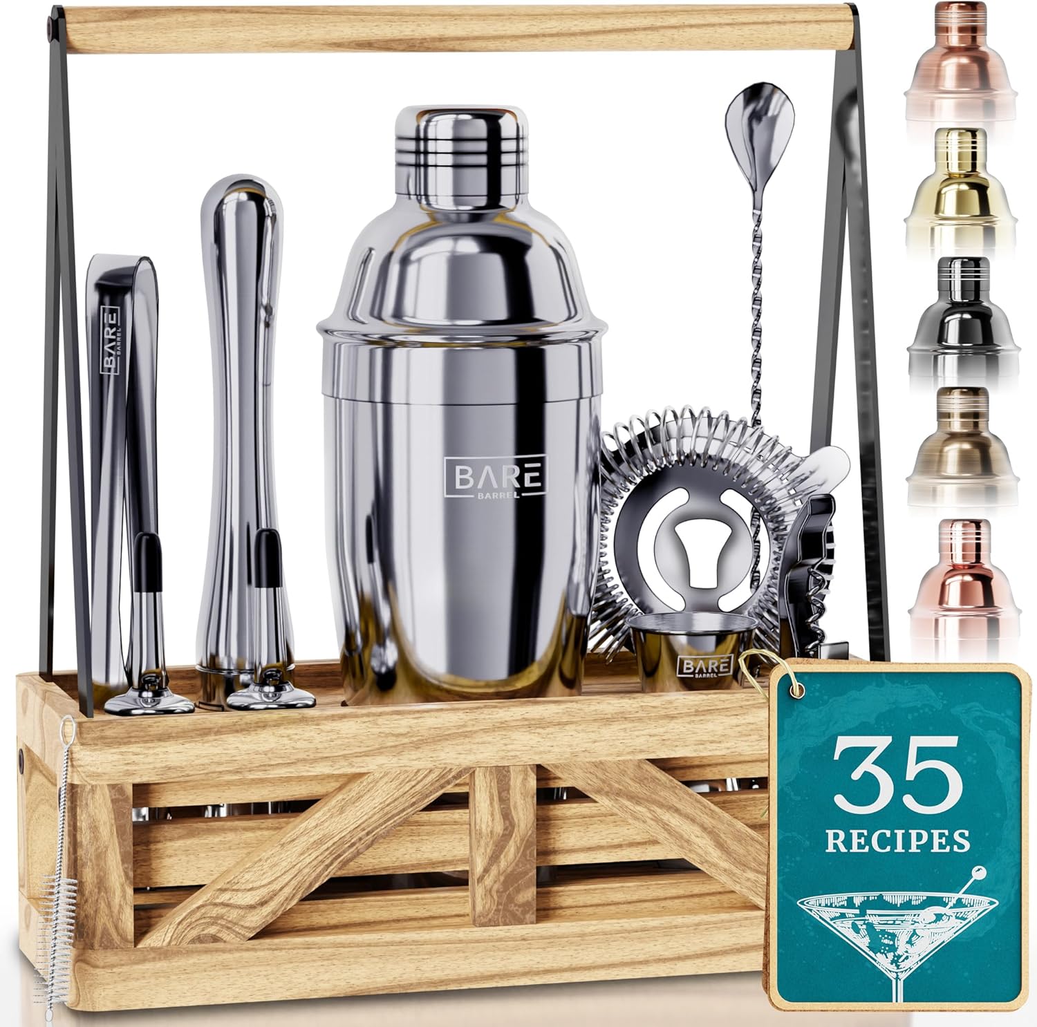 Mixology Bartender Kit & Cocktail Shaker Set | 35 Recipes | Farmhouse Rustic Caddy