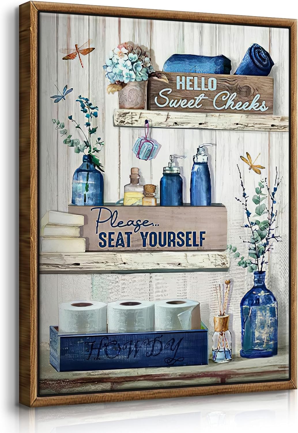 Framed Navy Blue Bathroom Decor Wall Art for Rustic Aesthetic