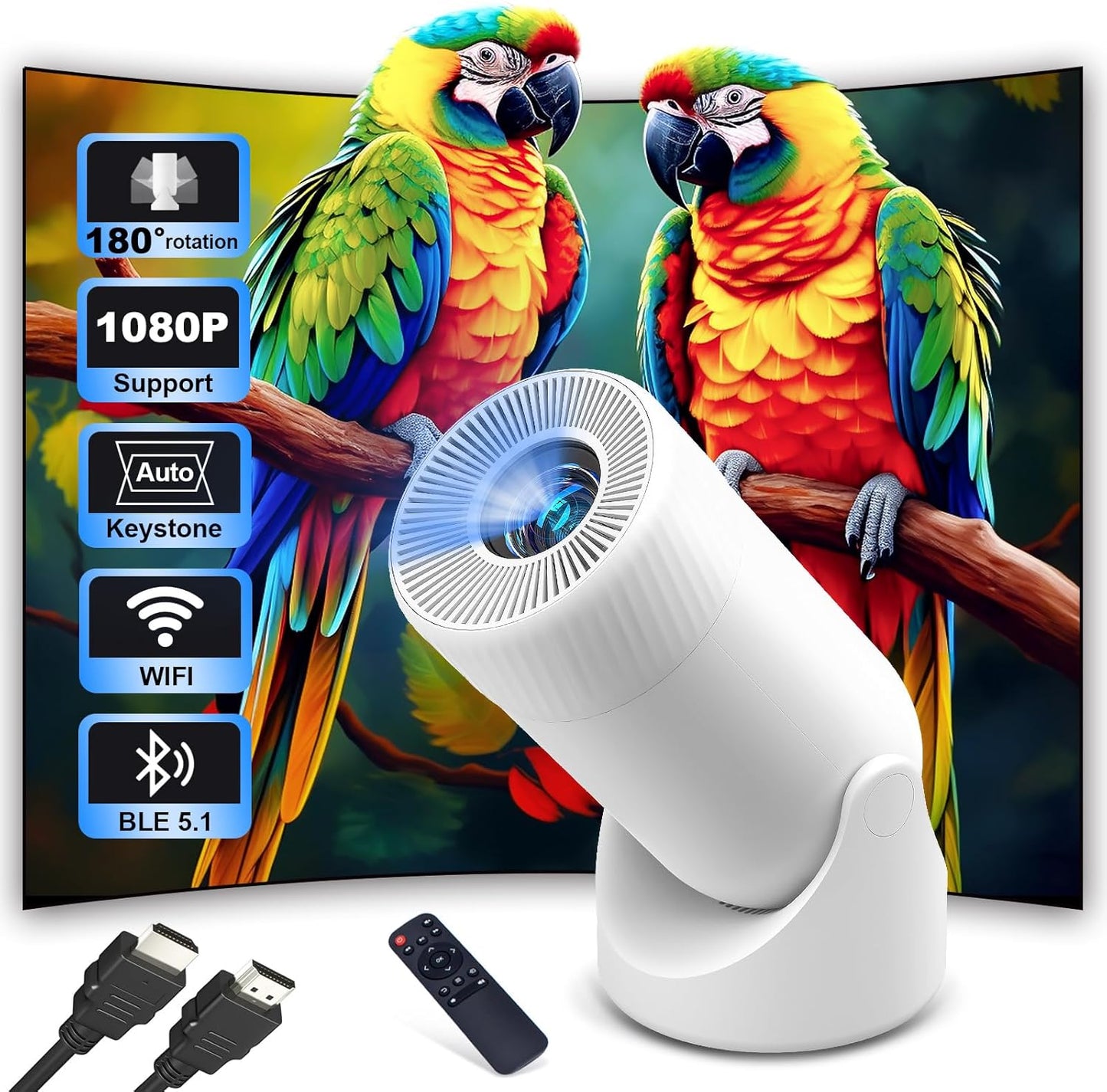 Fire Resistant Mini Projector: 1080P WiFi, Bluetooth, 300 ANSI, Portable, 200 Display