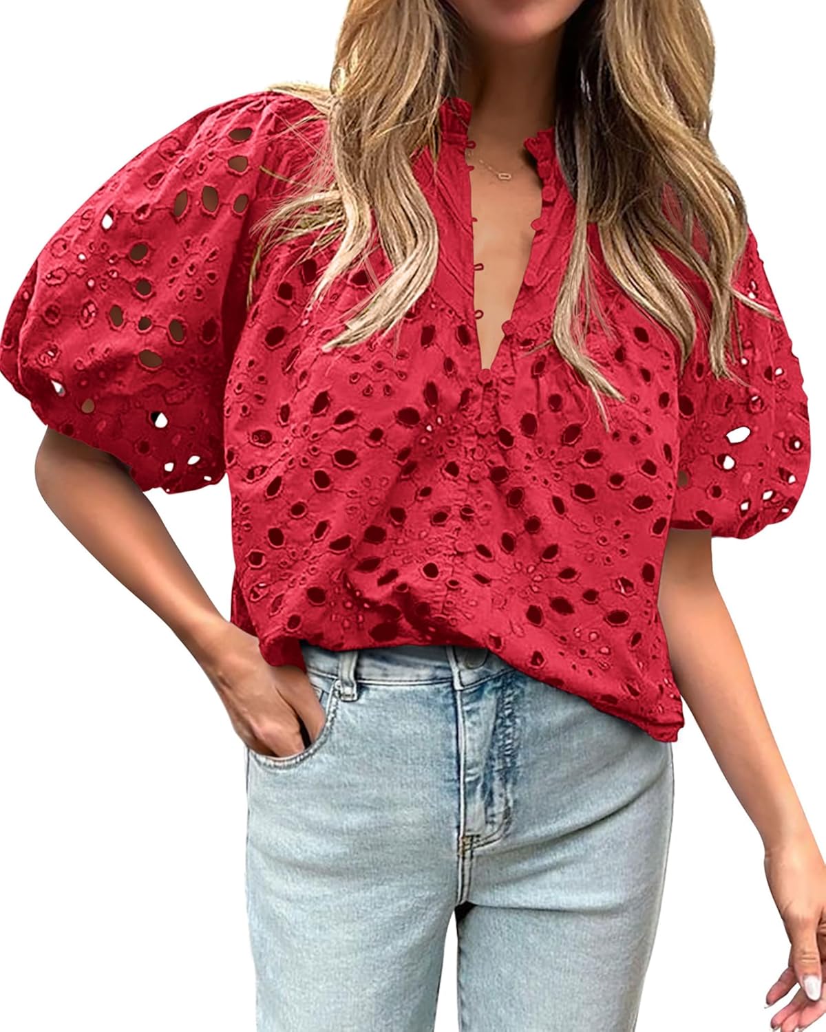 BTFBM Womens Casual Summer Blouse with Eyelet Embroidery Design