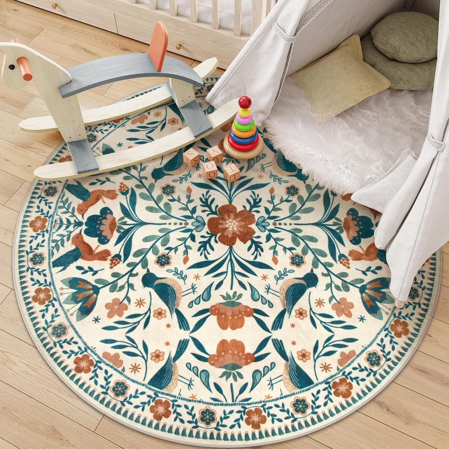 Moynesa Boho Bird Round Rug 6ft - Soft, Machine Washable Carpet