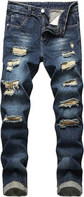 MICKASON Men's Ripped Elasticity Skinny Wild Jeans - Dark Blue Fit